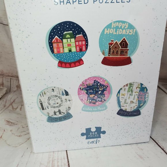 Pink Sky City Snowdome 5 Shaped Puzzles 200 Pieces Each Small Town Christmas - Picture 2 of 9